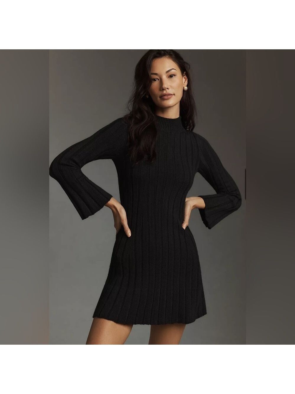 By Anthropologie Long-Sleeve A-Line Sweater Mini Dress XS Black Knit